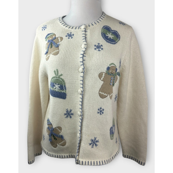 Croft & Barrow Gingerbread Knit Cardigan Sweater Winter Snow Ramie Blend Medium - Picture 8 of 16
